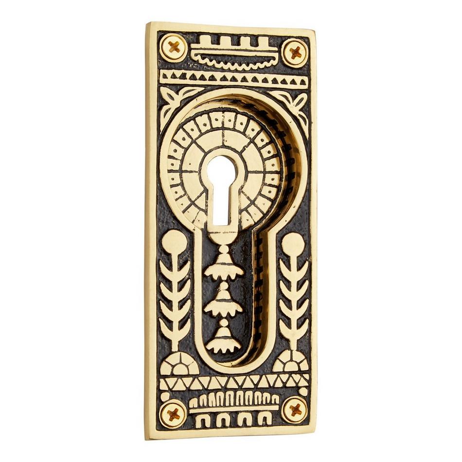 Ornate Recessed Pocket Door Flush Pull with Keyhole - Blackened Brass, , large image number 0