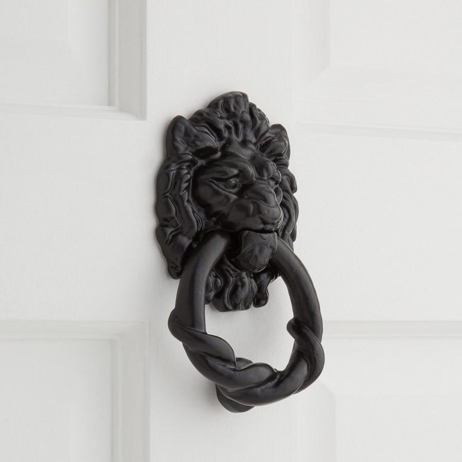 Hand-Forged Iron Lion Head Door Knocker - Black Powder Coat, , large image number 0