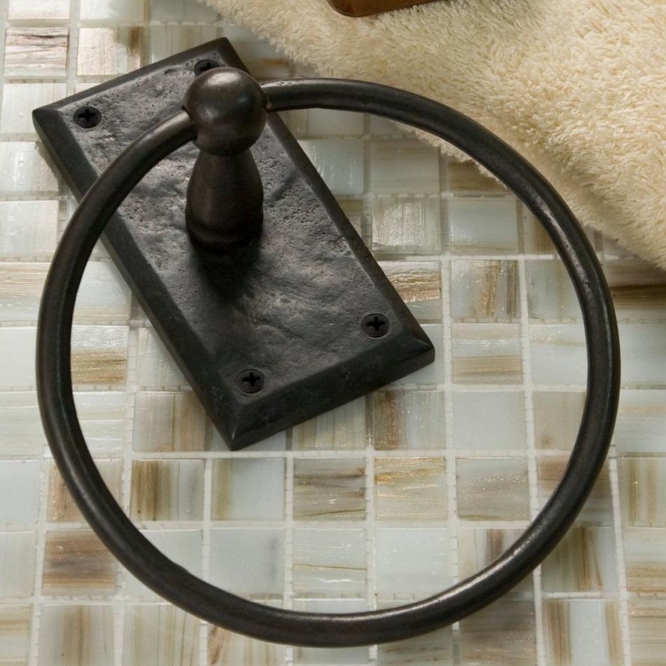 Solid Bronze Towel Ring with Gothic Rectangular Base - Dark Bronze, , large image number 0