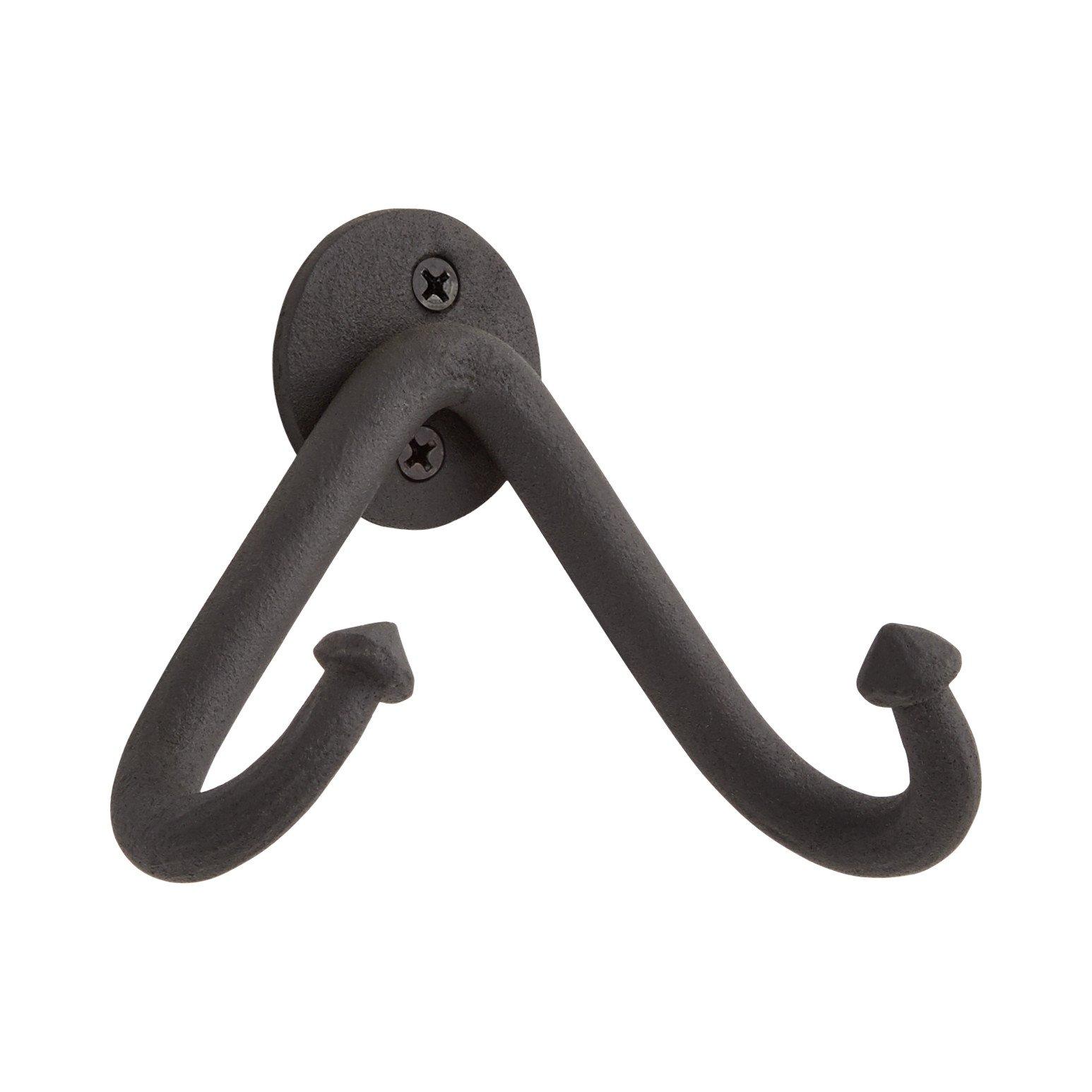 Renovator's Supply Black Wrought Iron Double Coat Robe Hooks 4 Inches Long  Rustic Entry Way Hat or Jacket Hanger Wall Mount Including Complete