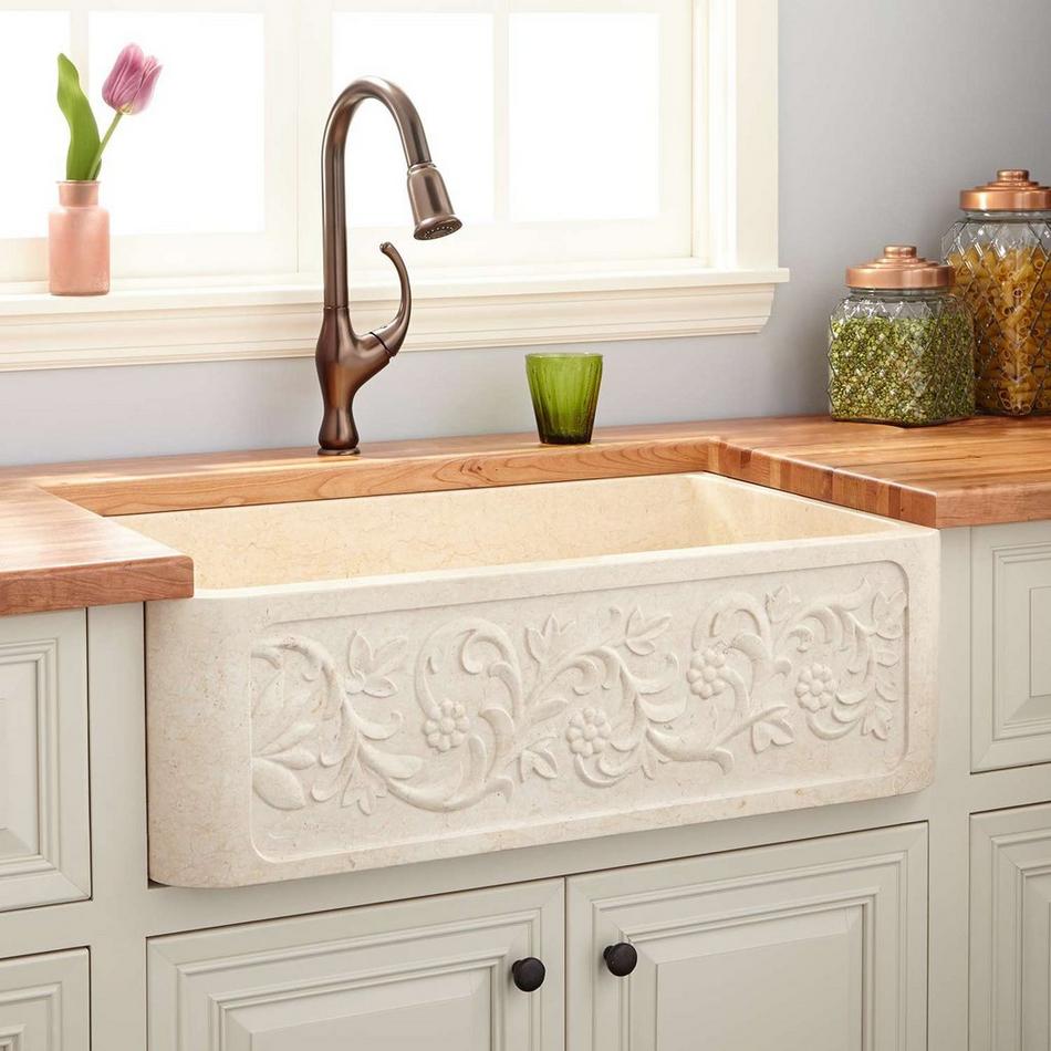 30" Vine Design Polished Marble Farmhouse Sink - Cream Egyptian, , large image number 0