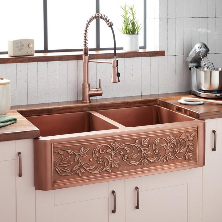 36" Vine Design Double-Bowl Copper Farmhouse Sink for copper sink fixtures