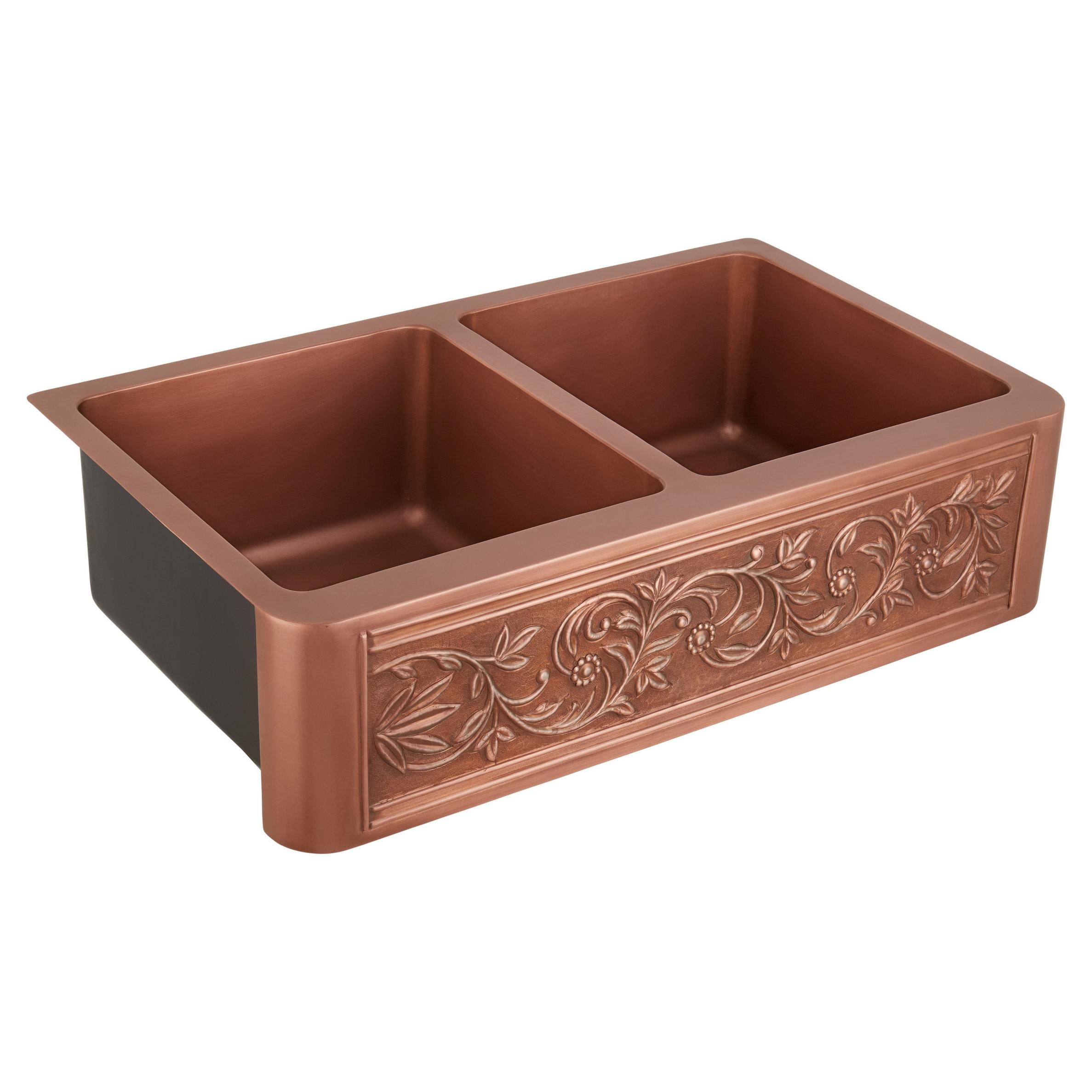 36 Vine Design Double Bowl Copper Farmhouse Sink Signature Hardware