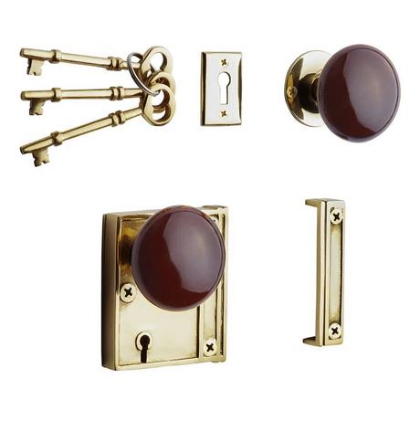 Vertical Brass Rim Lock Set with Striped Brown Porcelain Knobs - Polished Brass