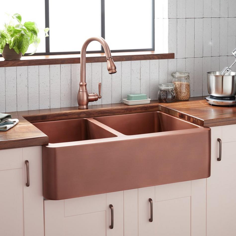 33" Aberdeen 60/40 Offset Double-Bowl Copper Farmhouse Sink - Small Bowl Left, , large image number 0