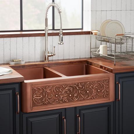 33" Vine Design 60/40 Offset Double-Bowl Copper Farmhouse Sink