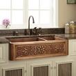 33"Flower Motif 60/40 Offset Double-Bowl Copper Farmhouse Sink - Small Right, , large image number 0