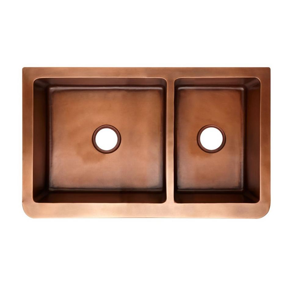 33"Flower Motif 60/40 Offset Double-Bowl Copper Farmhouse Sink - Small Right, , large image number 3