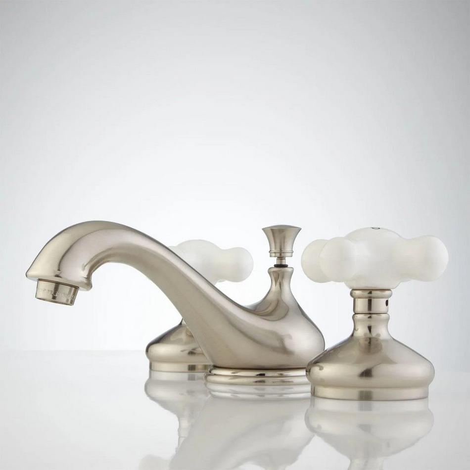 Teapot Widespread Bathroom Faucet - Large Porcelain Cross Handles - Overflow - Brushed Nickel, , large image number 2
