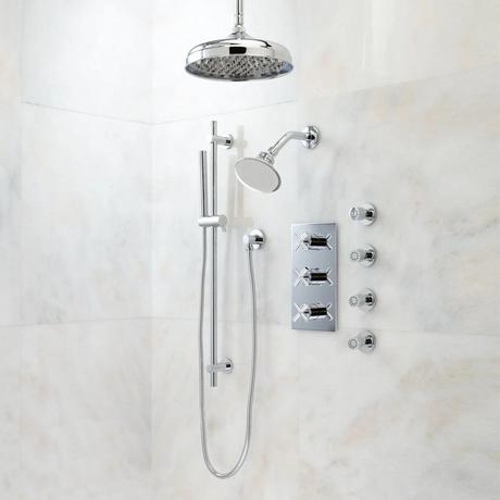 Exira Thermostatic Shower System - Dual Shower Heads, Hand Shower and 4 Body Sprays