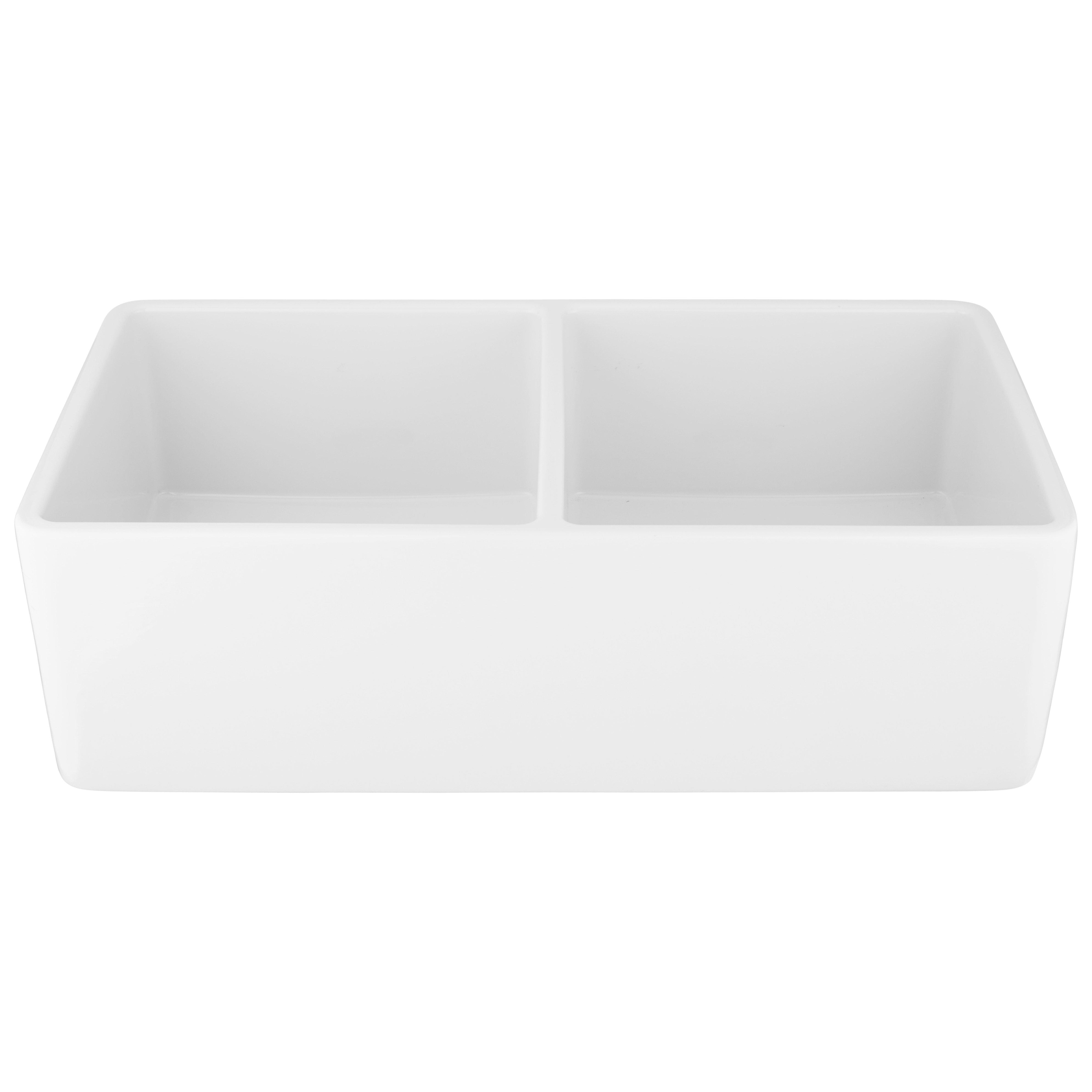 Rene 33 Fireclay Farmhouse Sink, 60/40 Double Bowl, White, R10