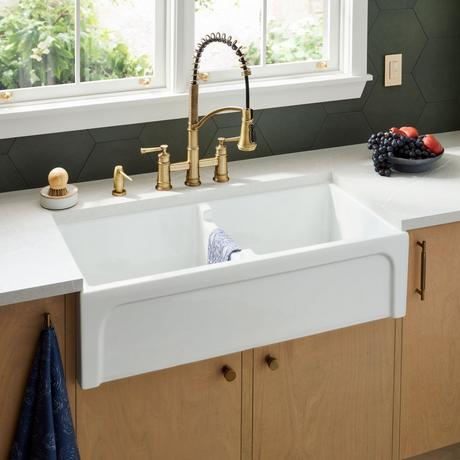 39" Risinger Double-Bowl Fireclay Farmhouse Sink - Casement Apron - White