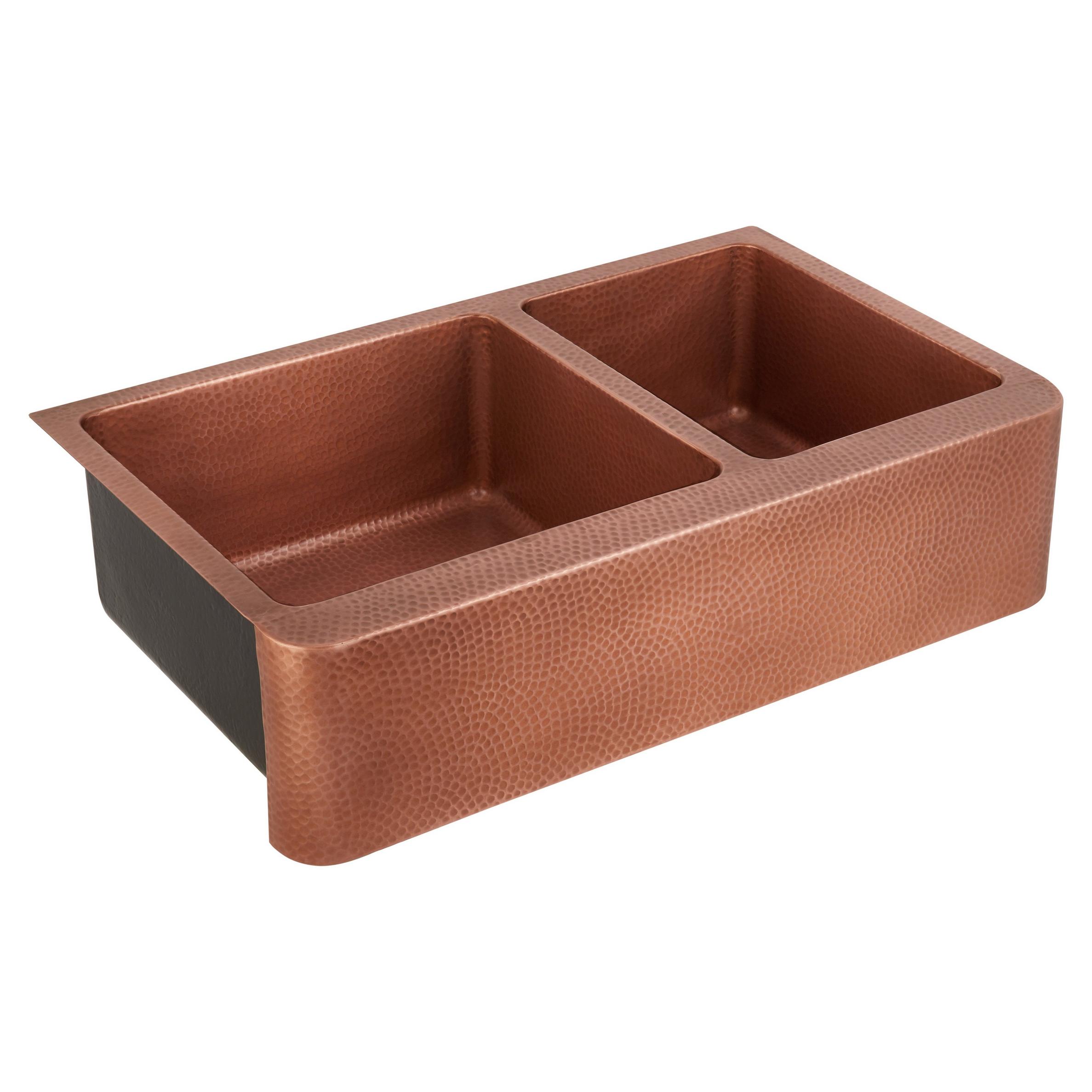 36 Tegan 70 30 Offset Double Bowl Hammered Copper Farmhouse Sink