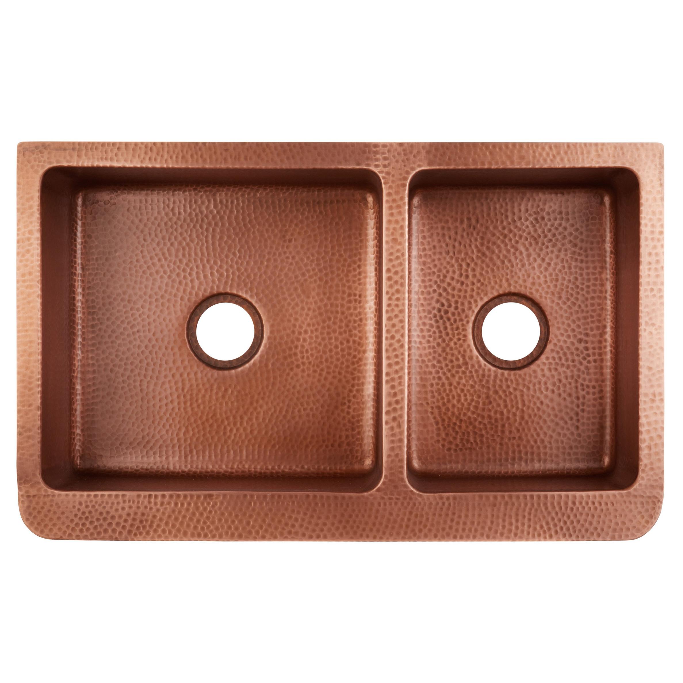 36 Tegan 70 30 Offset Double Bowl Hammered Copper Farmhouse Sink