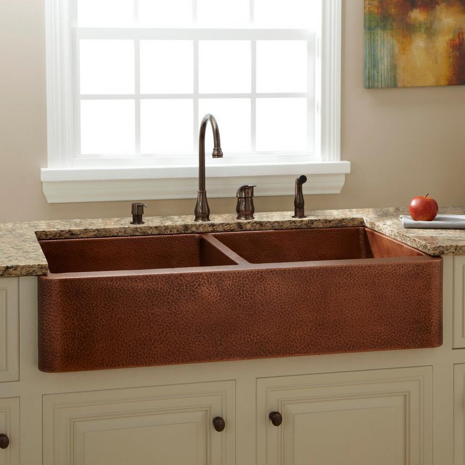 42" Fiona Double-Bowl Hammered Copper Farmhouse Sink, , large image number 0