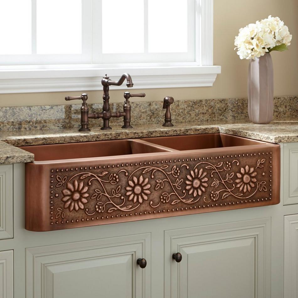 42" Sunflower 60/40 Offset Double-Bowl Copper Farmhouse Sink, , large image number 0