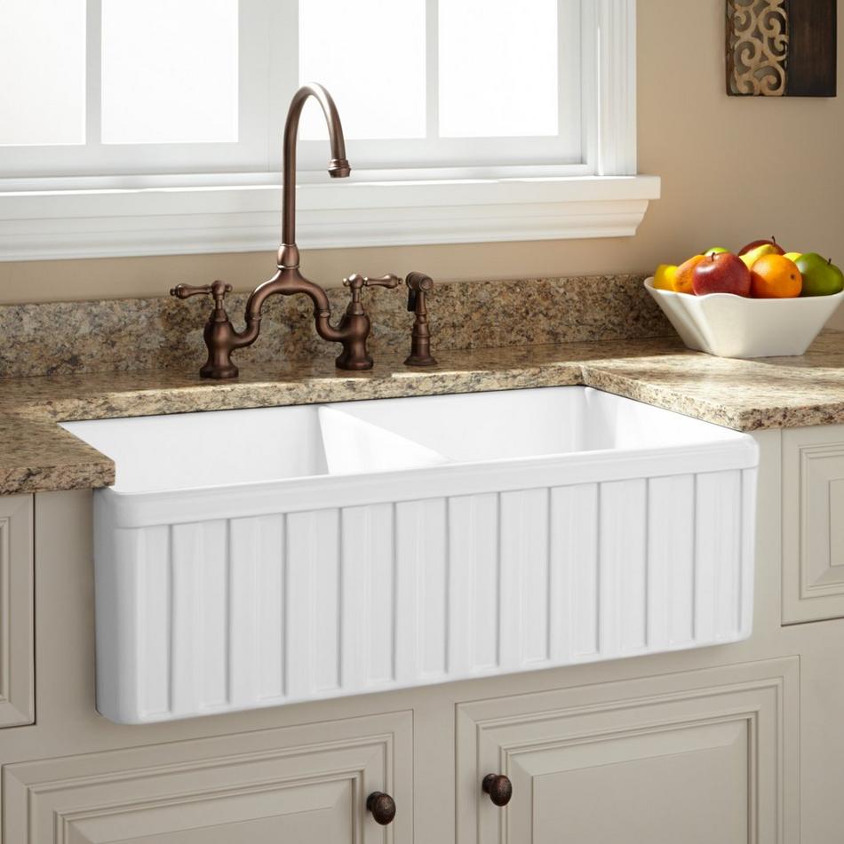 33" Oldham Double Bowl Fireclay Farmhouse Sink with Fluted Apron - White, , large image number 0