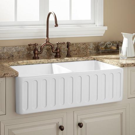 33" Northing Double Bowl Fireclay Farmhouse Sink with Fluted Apron - White
