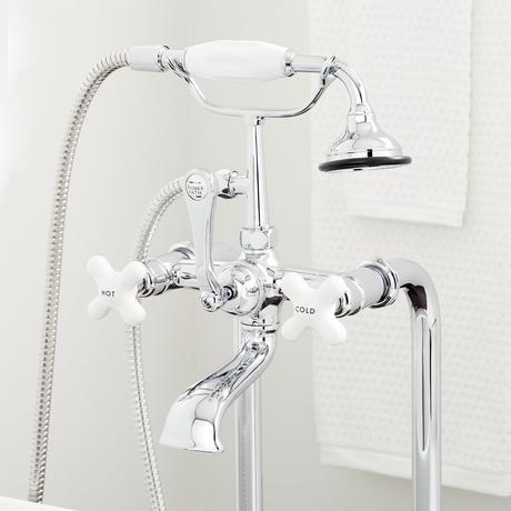Freestanding Telephone Tub Faucet, Supplies and Valves - Porcelain Cross Handles