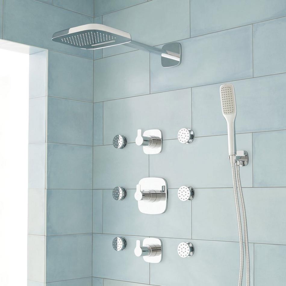 Modern Matte Black Wall Mounted 12 Rainfall Showerhead & Handheld Shower Set with Six Body Spray Jets Thermostatic Solid Brass