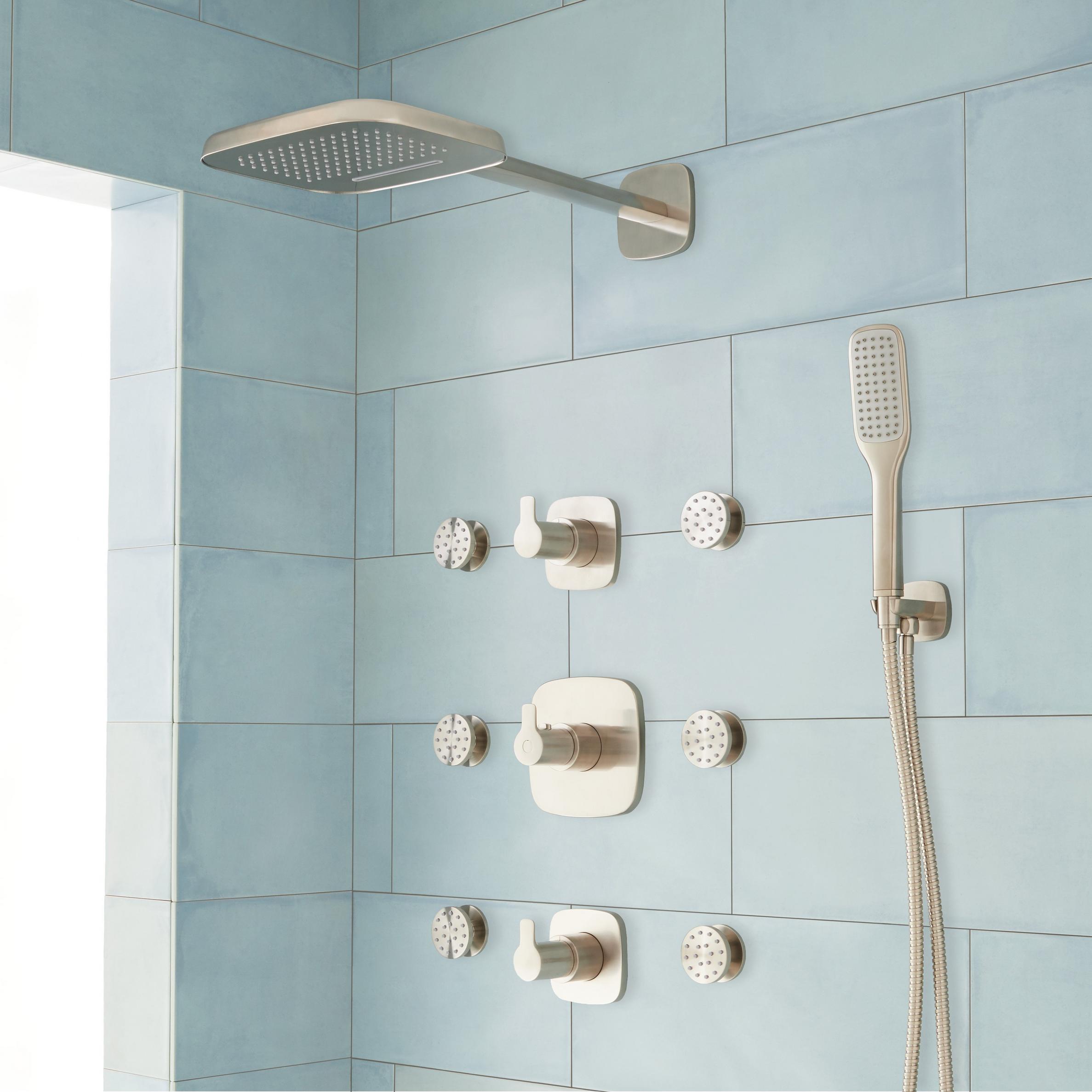 Arin Thermostatic Shower System With Hand Shower And 6 Body Sprays Brushed Nickel Signature