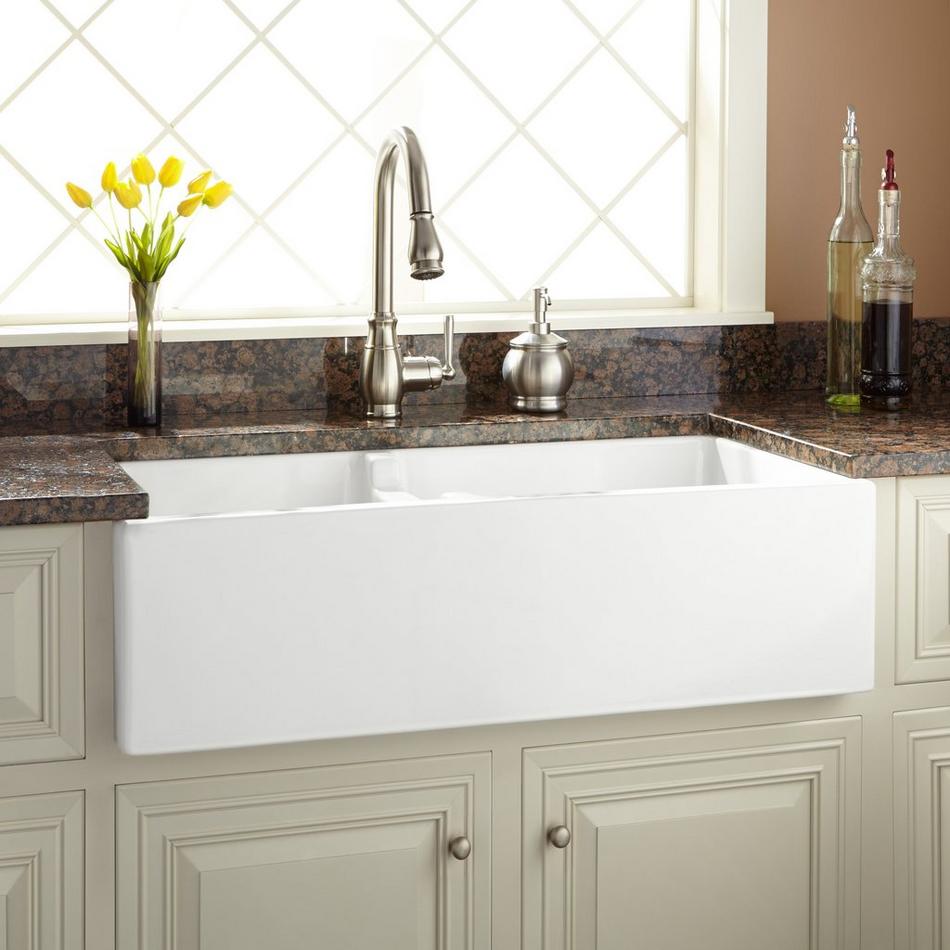 36" Risinger 60/40 Offset Bowl Fireclay Farmhouse Sink - Smooth Apron - White, , large image number 0
