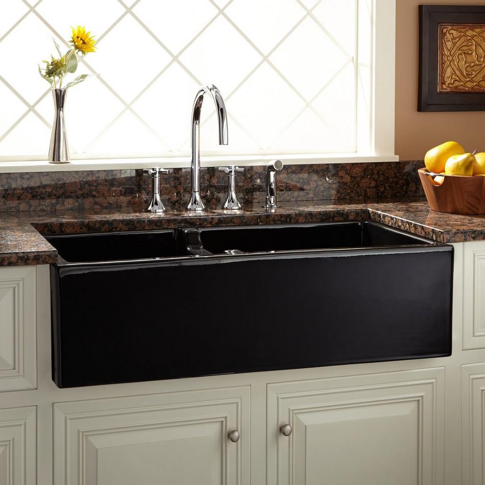 36" Risinger 60/40 Offset Bowl Fireclay Farmhouse Sink - Smooth Apron - Black, , large image number 0