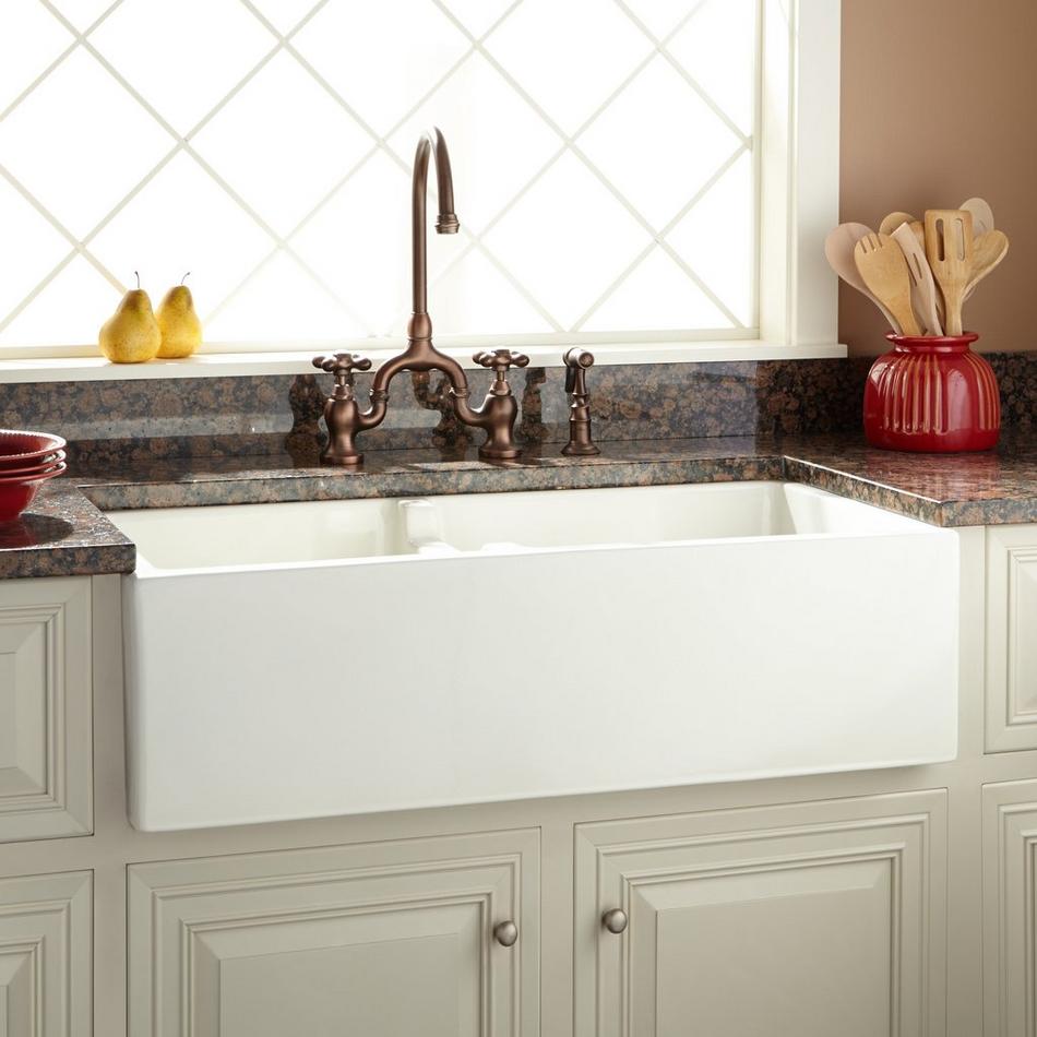 36" Risinger 60/40 Offset Bowl Fireclay Farmhouse Sink - Smooth Apron - Biscuit, , large image number 0