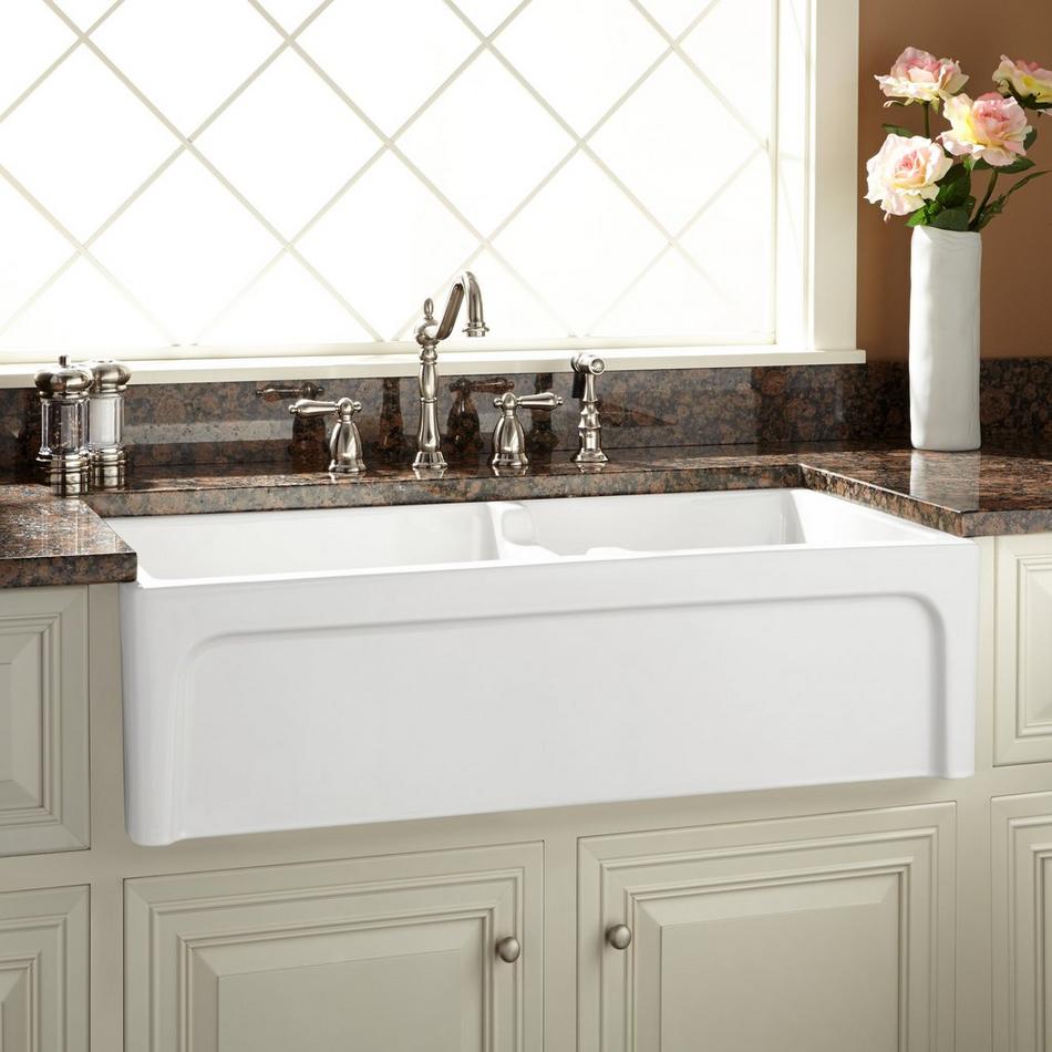 36" Risinger 60/40 Offset Bowl Fireclay Farmhouse Sink - Casement Apron - White, , large image number 0