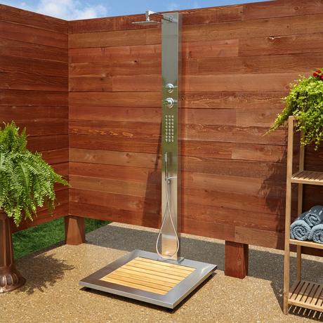 Abner Outdoor Stainless Steel Shower Panel with Bamboo Tray