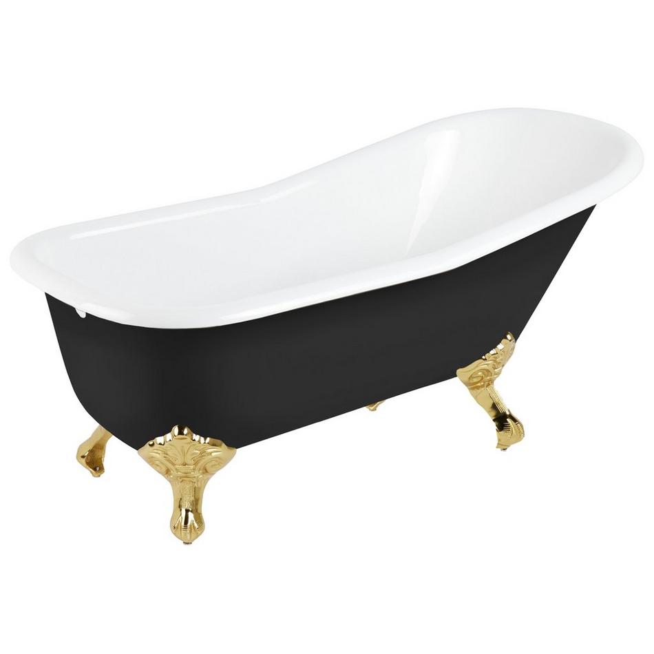 66" Goodwin Cast Iron Clawfoot Tub - Polished Brass Feet -No Holes-Rolled Rim - Black - No Drain, , large image number 0