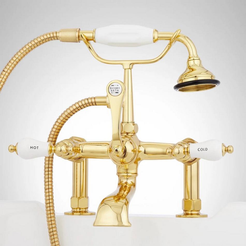 Deck-Mount Telephone Faucet - Porcelain Lever Handles - 4" Deck Couplers - Polished Brass, , large image number 1