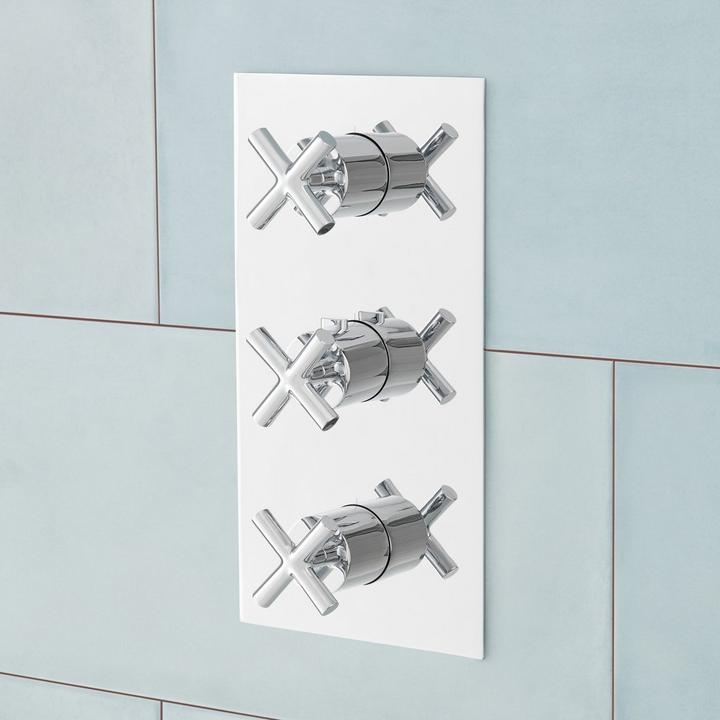 Modern Rectangular 4-Way Thermostatic Valve with Cross Handles - Chrome