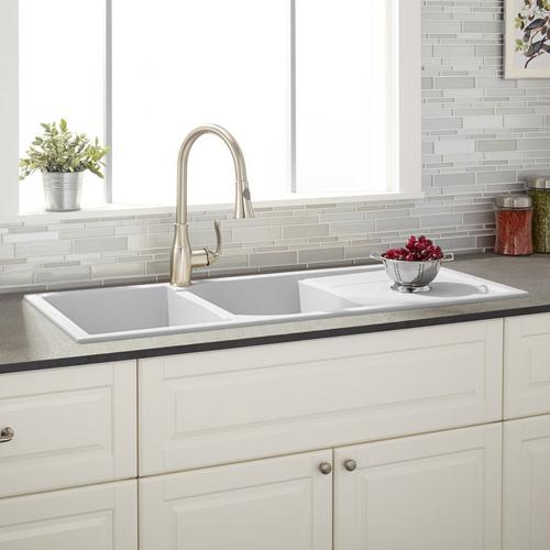 46" Tansi Double-Bowl Drop-In Sink. Drain Board - Cloud White