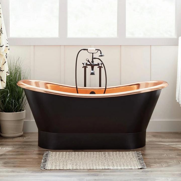 70" Thaine Antique Black Copper Double-Slipper Pedestal Tub for cleaning copper