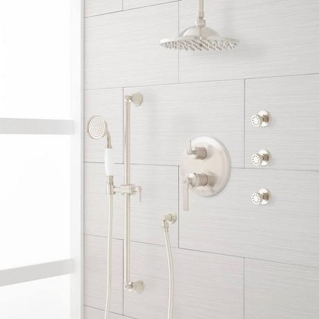 Cooper Pressure Balance Shower System with Rainfall Shower, 3 Body Sprays and Hand Shower