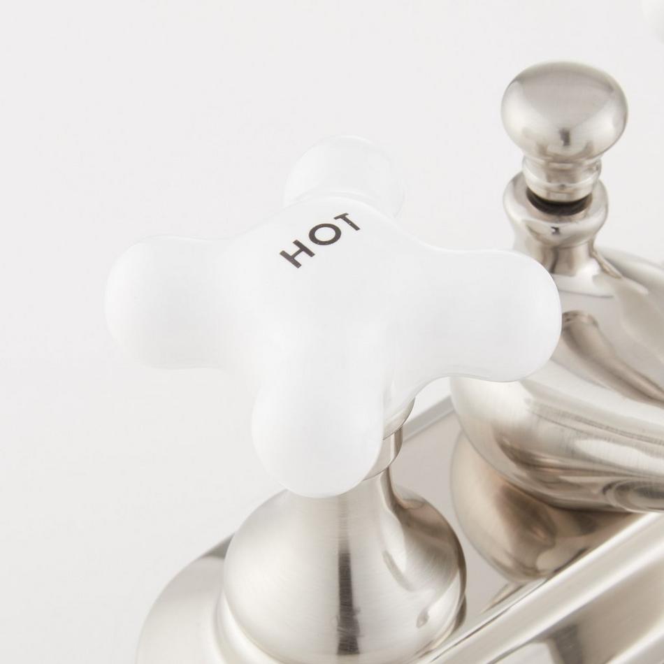 Teapot Centerset Bathroom Faucet - Porcelain Cross Handles - Overflow - Brushed Nickel, , large image number 2