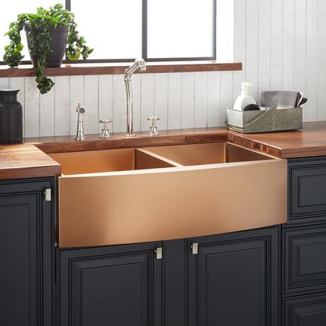 33" Atlas Double-Bowl Stainless Steel Farmhouse Sink - Curved Apron - Bronze