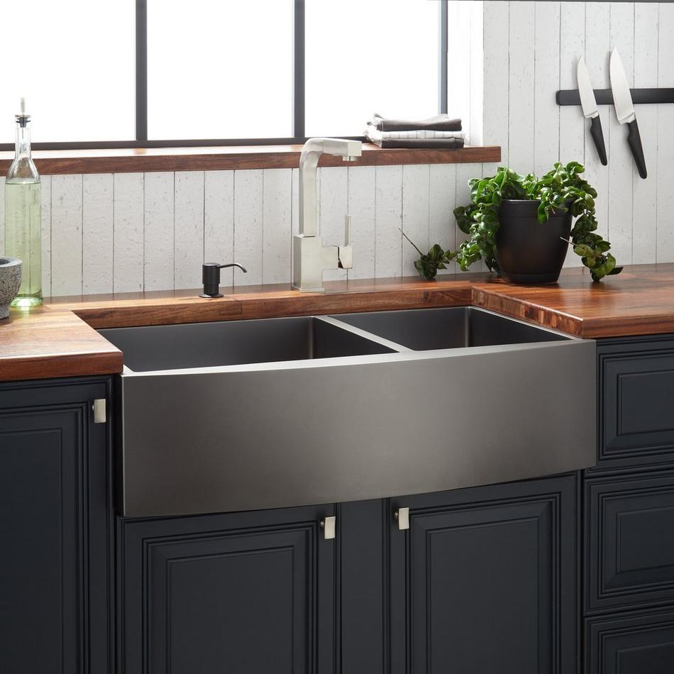 33" Atlas 60/40 Offset Double-Bowl Stainless Steel Farmhouse Sink - Curved Apron - Gunmetal Black, , large image number 0
