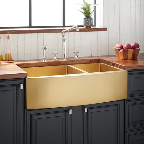 33" Atlas 60/40 Offset Double-Bowl Stainless Steel Farmhouse Sink - Curved Apron - Matte Gold