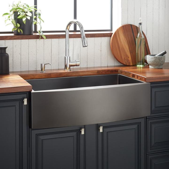 36" Atlas Stainless Steel Farmhouse Sink with Curved Apron in Gunmetal Black