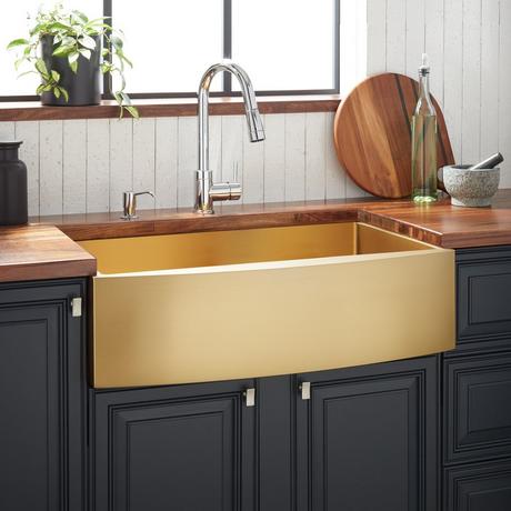 36" Atlas Stainless Steel Farmhouse Sink - Curved Apron - Matte Gold