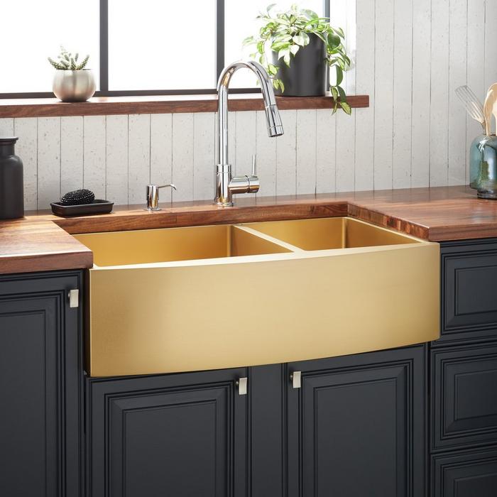 36" Atlas 60/40 Offset Double-Bowl Stainless Steel Farmhouse Sink with Curved Apron in Matte Gold