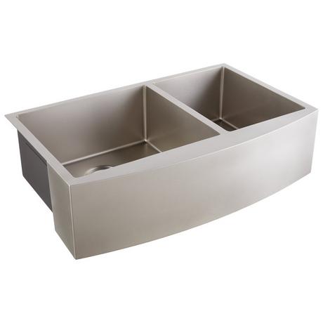 36" Atlas 60/40 Offset Double-Bowl Stainless Steel Farmhouse Sink - Curved Apron - Pewter