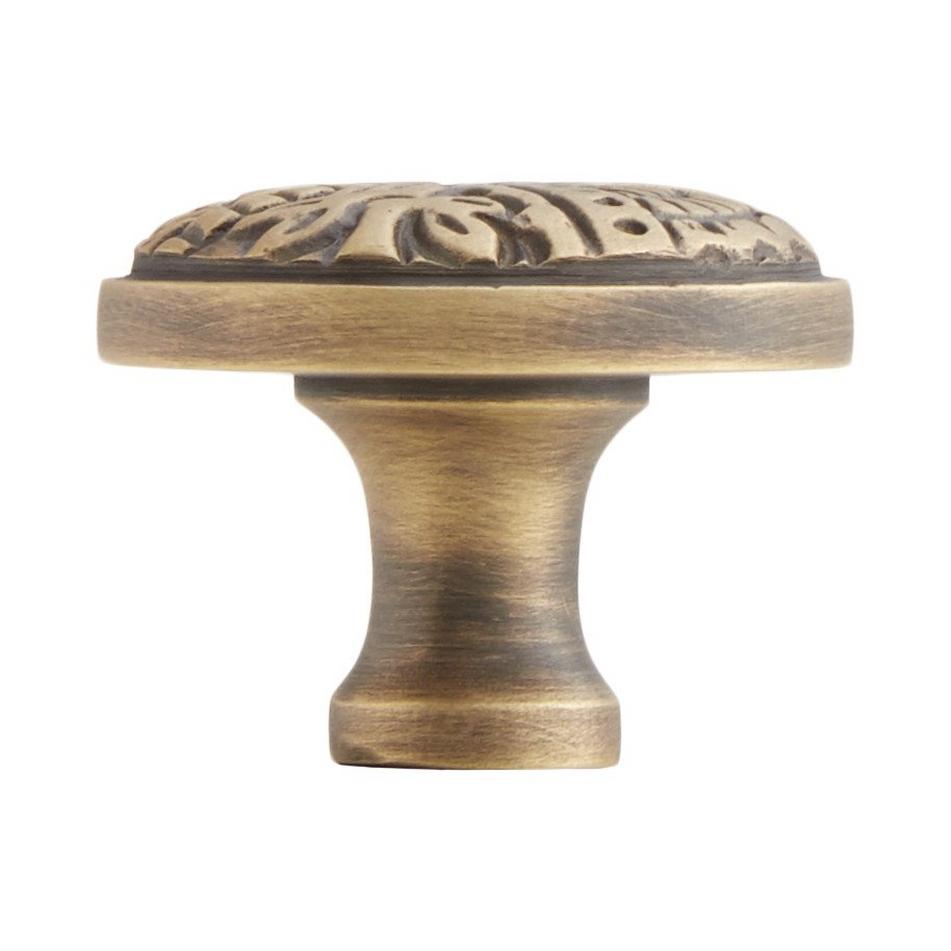 Round Brass Cabinet Knob With Rosette in Antique-By-Hand - 1 1/4