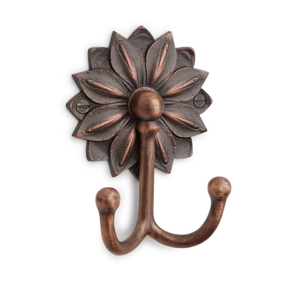 Floral Solid Brass Double Coat Hook - Satin Brass