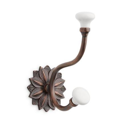 Floral Brass Double Hook with Porcelain Knobs