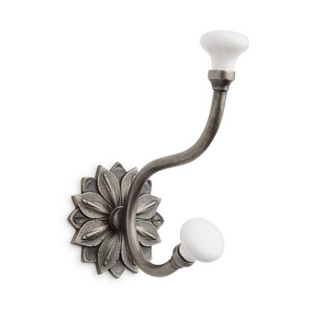 Floral Bronze Double Hook with Porcelain Knobs - Medium Bronze