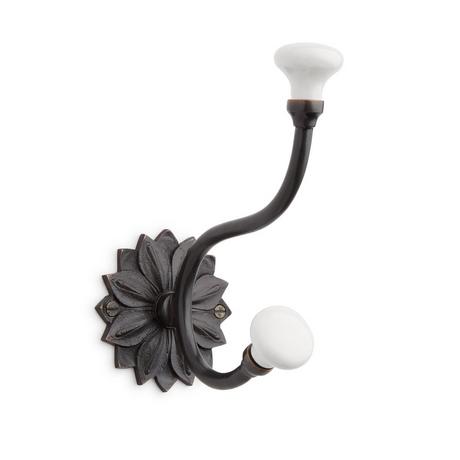 Floral Bronze Double Hook with Porcelain Knobs