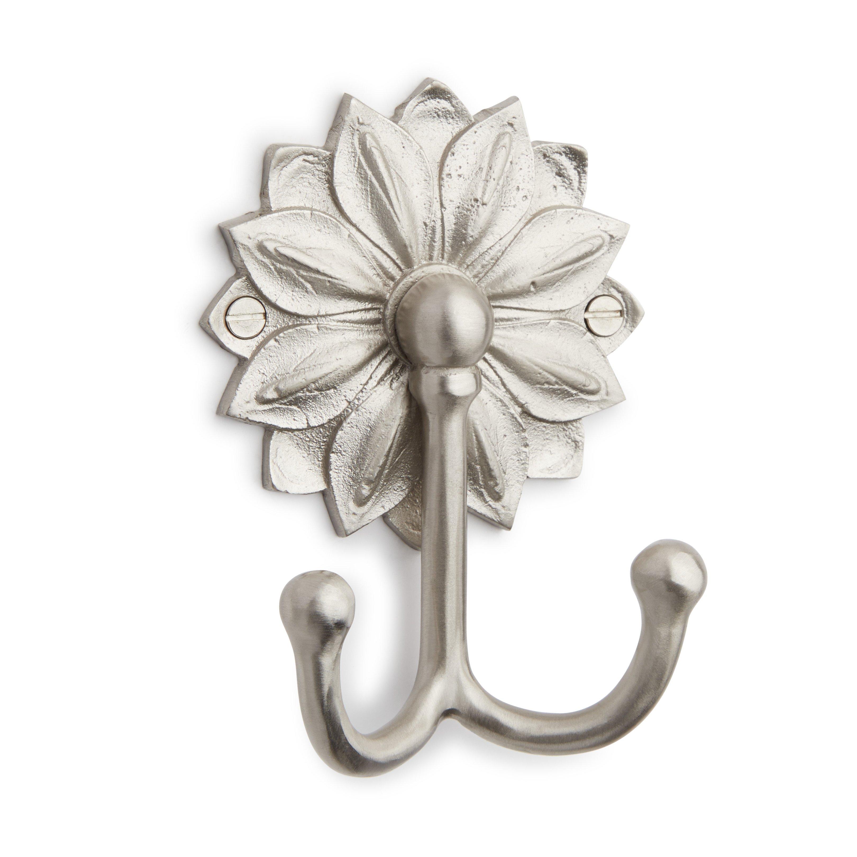 Signature Hardware 946092 Floral Solid Brass Double Coat Hook - Nickel, Silver
